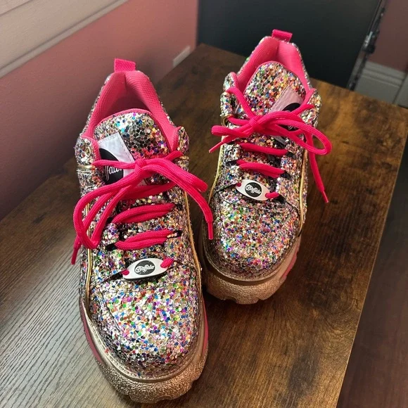Buffalo London pink and gold rainbow glitter platform sneakers  40 women’s 9/10 - Picture 3 of 6